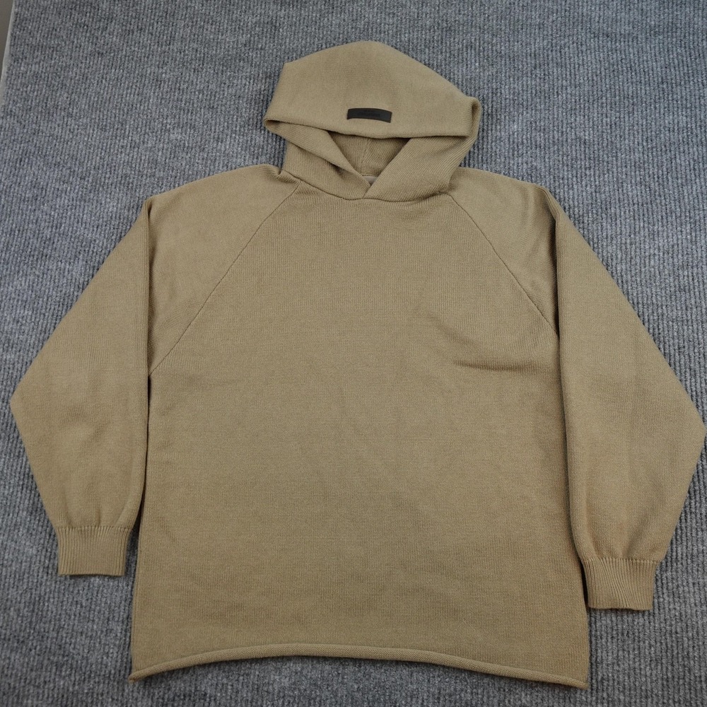 Fear Of God Essentials Hoodie Sweater Mens Medium Beige Knit Pullover Relaxed